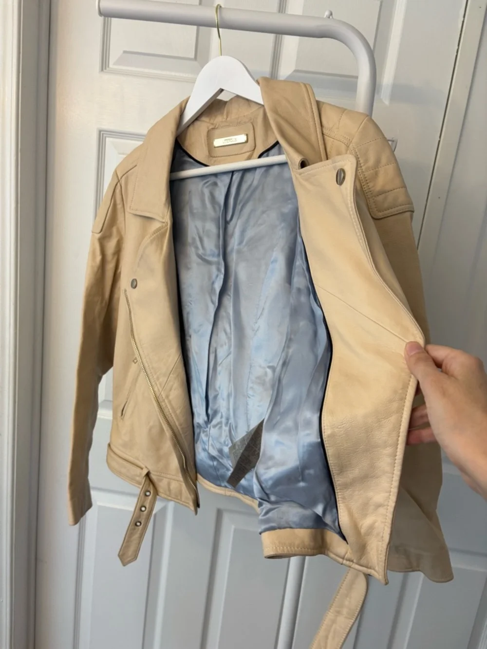 Uterque Cream Sheep Leather Jacket Blue Lining With Gold Hardware Size Small - Picture 11 of 16